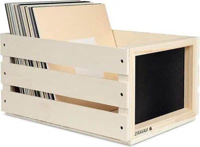 Image de Boîte de rangement pour LP avec tableau à craie - Boîte en bois pour disques vinyles - Boîte de rangement pour 50-80 disques en style vintage - Bois naturel