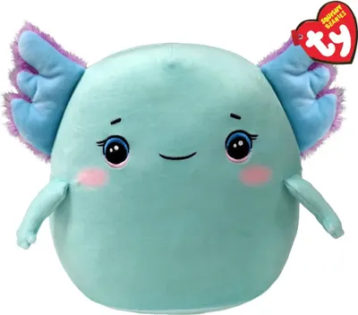 A teal axolotl plush toy with blue and purple fins, and pink cheeks, against a white background. A red Ty heart-shaped tag is attached to its fin.