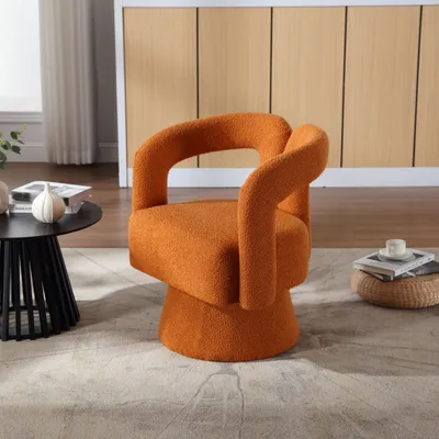 Image de MODFU Fauteuil - Fauteuil Capitonné en Bouclé et Bois Massif, Pivotant 360°, Assise Large pour Maison, Orange
