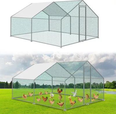 Immagine prodotto di Jayseuw pollaio all'aperto grande tetto pollaio ruspante recinto avicolo con telaio in acciaio zincato PE e porta con serratura 3 x 4 x 2 m