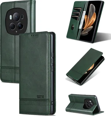 Produktbild von Leder Hülle für Honor Magic6 Pro, Klapphüllen Brieftasche Magnetverschluss Ständer Schutzhülle Grün