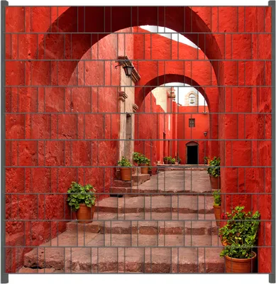 Produktbild von Wallario Zaunsichtschutz mit Motiv Roter Torbogen für Ein- und Doppelstabmatten Zäune in der Größe 200 x 200 cm