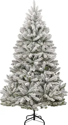 A full shot of a flocked artificial Christmas tree on a white background.