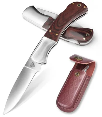 Produktbild von Klappmesser 440C Stahl Zweihandmesser Lockback Holzgriff mit Lederetui §42a konform