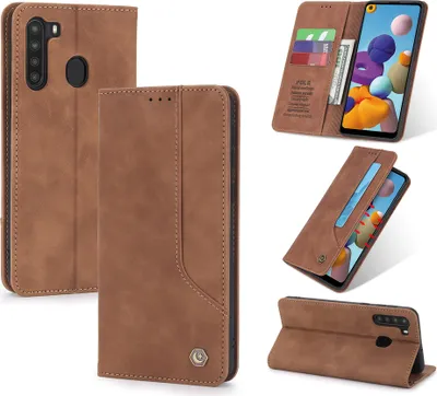 Produktbild von Galaxy A21 Hülle, LaimTop Retro Kunstledertasche Schutzhülle mit Kartenfach Standfunktion für Samsung Galaxy A21 Braun