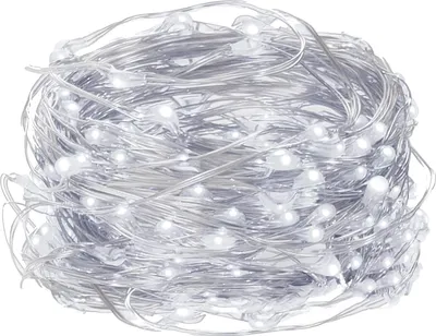 A coiled string of white LED lights on a silver wire.