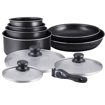 Produktbild von Herzberg HG-5000: 10-Teiliges Kochgeschirrset Mit Marmorbeschichtung Schwarz
