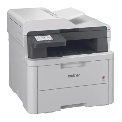 A studio shot of a Brother color laser printer.