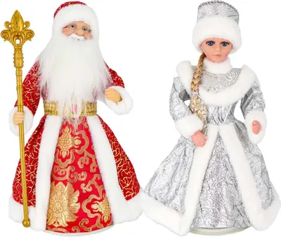 Two festive dolls, one resembling Santa Claus and the other a snow maiden, are displayed against a white background.