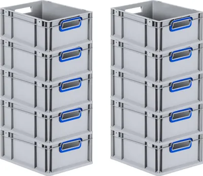 Produktbild von SuperSparSet 10x Eurobox NextGen Color | HxBxT 17x30x40cm | 16 Liter | Griffe blau offen | Glatter Boden | Grau | Eurobehälter, Transportbox, Transportbehälter, Stapelbehälter