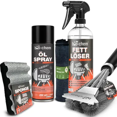 Produktbild von bio-chem BBQ Fettlöser Set 5-teilig: Fettlöser 750 ml + Öl Spray 200 ml + Grillbürste + Reinigungsschwamm + Mikrofasertuch | Schonende Reiniger für Edelstahl und Aluminium an Grill, Küche
