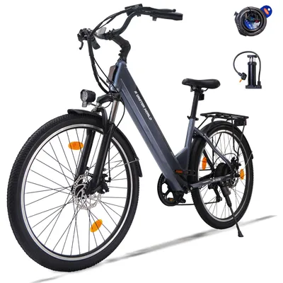 Produktbild von 26 Zoll E-Bike Damen Tiefeinsteiger Pedelec 250W, 36V 12,8Ah, City Elektrofahrrad mit Shimano 7-Gang, Scheibenbremsen, LCD Display & LED Licht, Grau