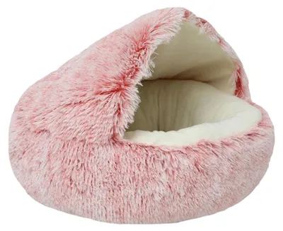 Produktbild von Rundes, flauschiges Katzenbett aus weichem Plüsch mit Kapuze