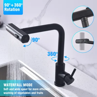 Produktbild von Homelody Schwarz Küchenarmatur,360° Schwenkbarer Wasserhahn Küche, Ausziehbare Spültischarmatur mit Brause 3 Strahlarten,Mischbatterie Küche Edelstahl