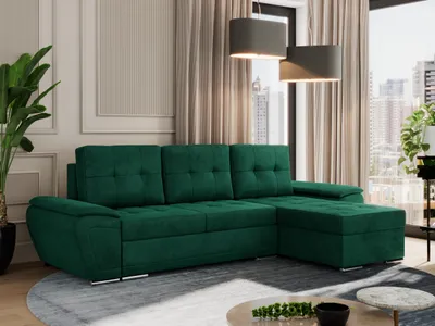 Produktbild von MKS MEBLE Sofa mit Schlaffunktion - Ecksofa mit Schlaffunktion und Bettkasten - Sofa 3 Sitzer - Schlafsofa - Couch - Schlafsofa mit Bettkasten - Umbria L - Dunkelgrün Velvet