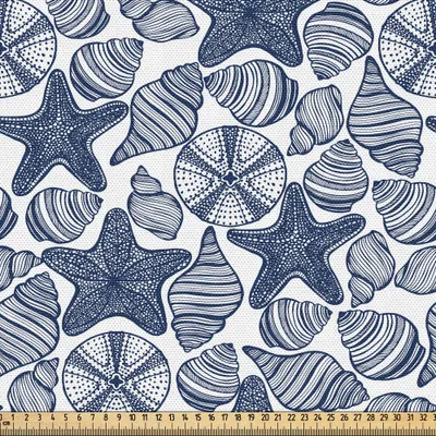 Produktbild von ABAKUHAUS Blau und weiß Gewebe als Meterware, Seesterne Muscheln und Seeigel Monochrom nautische Illustration, 2 M (148 x 200 cm), Dunkelblau und Weiß