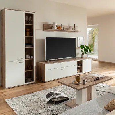 Produktbild von Wohnwand in Eiche und weiß modern mit Couchtisch, 4-teilig - SAGUNTO-05