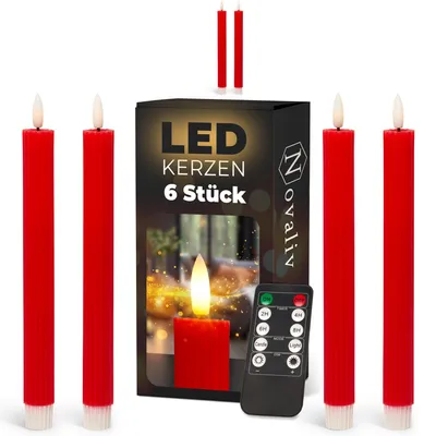 Produktbild von Stabkerzen LED mit Timer ROT 6 Stück indoor - 6 Stunden - ECHTWACHS gerippt 23cm Höhe für Kerzen 2,2cm Durchmesser 2 AAA Batterien notwendig LED Stabkerzen 2er Set ROT (zwei Mal) bewegliche Flamme
