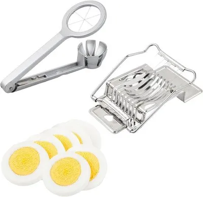 Produktbild von Unyqoos® Edelstahl-Eierschneider Set, 2‑teilig – multifunktionaler Eierschneider für gekochte Eier & weiches Obst, ergonomisch, spülmaschinenfest