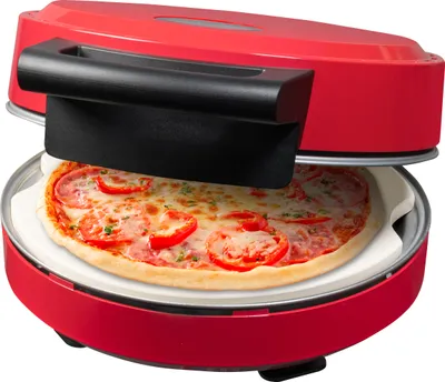 Produktbild von Bestron Pizzaofen für knusprige Pizzen in 5-10 Minuten, elektischer Pizzaofen mit bis zu echten 320°C Höchsttemperatur, inkl. Schamottstein uvm., Rot