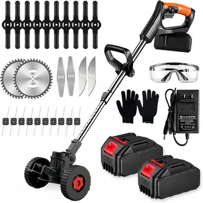 Produktbild von Akku-Rasentrimmer mit 2x 21V 2.0Ah Akku&Ladegerät, Leichter Freischneider, 5 Arten Klingen, Teleskop-Stiel&Zusatzhandgriff mit Rädern