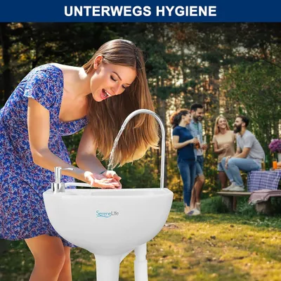 Produktbild von SereneLife Camping Waschbecken für draußen mit 19L Wassertank,Fußpumpe &Handtuchhalter,mobile Waschstation,Garten Spülbecken freistehend,Wasserspender