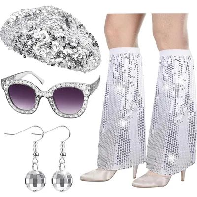 Image de Ensemble d'accessoires disco pour femmes, style années 70 et 80 : costume, paillettes, béret, lunettes, manchons, boucles d'oreilles