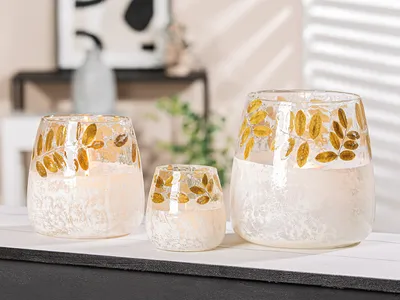 Produktbild von Gilde Windlicht, konisch, "Foliage", Blattdesign, Glas, grün, weiß, VE 2, H. 16 cm, D. 15 cm Höhe: 16.00 cm Durchmesser: 15.00 cm 51432