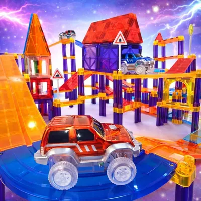 Produktbild von Set aus 122 Bausteinen für Rennbahn mit 2 Lastwagen für pädagogisches Spiel
