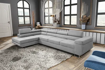 Produktbild von MargaretHadas24 Ecksofa L Form Marlene IV, 347x202, mit Schlaffunktion Bettkasten Couch mit verstellbaren Kopfstützen Samtstoff linke Seite, hellgrau