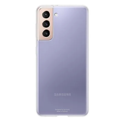 The back of a transparent phone case with a purple tint, showing the camera module and branding.