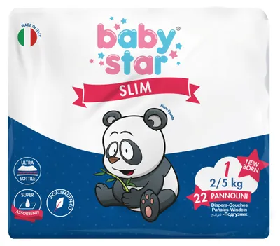 Imagen del producto de PANNOLINI BABYSTAR SLIM, talla 1, para recién nacidos, de 2 a 5 kg, paquete de 22 unidades