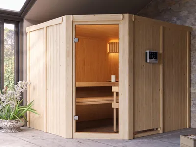 Produktbild von KARIBU Elementsauna Celine 5 Fichte Natur 68 mm, Innensauna für 2 3 Personen, Systembauweise mit bronzierter Ganzglastür, Eckeinstieg, spiegelbar, inklusive Liegen und Ofenschutzgitter