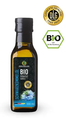 Produktbild von Kräuterland Premium Schwarzkümmelöl, 100ml gefiltert, kaltgepresst, Europas größte Ölmühle im Online-Handel, 22 Jahre Erfahrung, mühlenfrisch, vegan