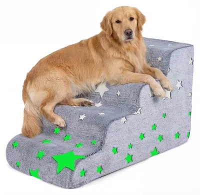 Produktbild von COSTWAY 3 stufige Hundetreppe, Haustiertreppe im Dunkeln Leuchtend, Katzentreppe mit rutschfestem Boden&waschbarer Flanellbezug, Tiertreppe (4 stufig)