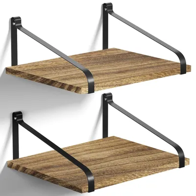Productafbeelding van Wandplank Set van 2 - Moderne Zwart Houten en Metalen Wandplanken