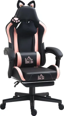 Produktbild von Gaming-Sessel mit Katzenohren, neigbare Lehne, ausziehbare Fußstütze, bis 120 kg, Rosa/Schwarz
