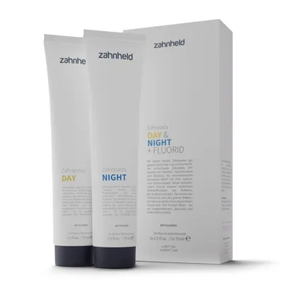 Produktbild von Zahnpasta Day&Night mit Fluorid (2x75ml Tube), Zahnreinigung mit Minzgeschmack, 6-facher Wirkstoffkomplex aus natürlichen Inhaltsstoffen