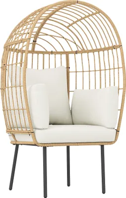 Image de Outsunny Fauteuil en rotin en forme d'oeuf avec coussin amovible, rembourrage, fauteuil d'extérieur surdimensionné en rotin, pour jardin balcon, véranda, terrasse Beige