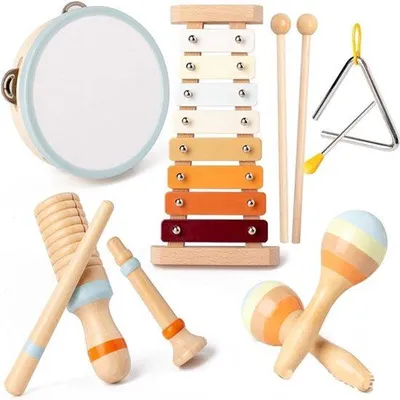 Immagine prodotto di Set di strumenti musicali per bambini, 6 pezzi, in legno, per bambini dai 1 ai 5 anni.