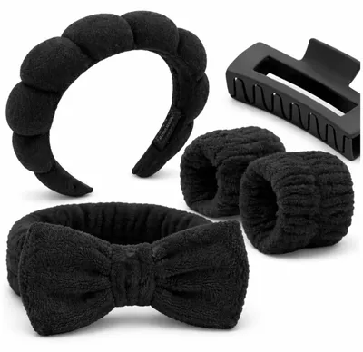 Produktbild von Set mit 5 Haar- und Make-up-Accessoires: Haarband, Haargummis, Schwarz