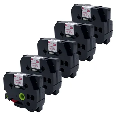 Produktbild von DULA Etikettenband - Kompatibel mit Brother P-Touch Tze-252 - 5 Stück - Rot auf weiß - 24mm x 8m