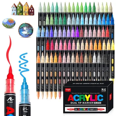 Image de Stylos marqueurs acryliques à double embout, 84 pièces, résistants à l'eau, pour tissu, verre, toile, pierre
