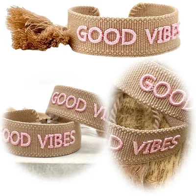 Produktbild von LS-LebenStil Canvas Statement Armband Good Vibes Braun Rose besticktes Stoffarmband gewebt textiles Quasten Spruch Boho Geschenk Freundschaftsarmband