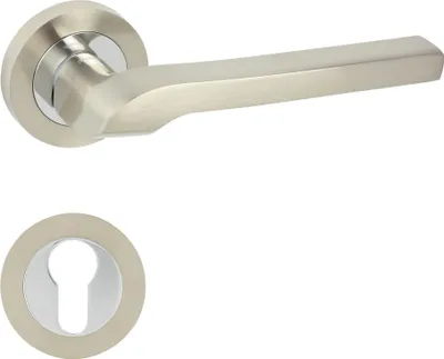 Produktbild von DOMINO Türgriff Drückergarnitur PZ-Profilzylinder Set | Rund-Rosette | Türklinke für Bürotür, Kellertür & Innentür | Türbeschläge aus Aluminium | Chrom/Nickel Türdrückergarnitur | NEMO-R M6/M9