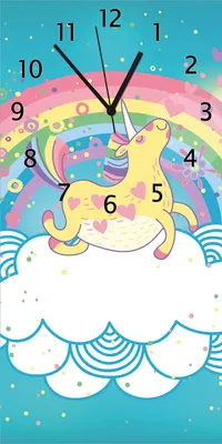 Produktbild von Wallario Design Wanduhr bedruckt, Größe 30 x 60 cm, Motiv: Lustiges Einhorn auf einer Wolke vor Regenbogen