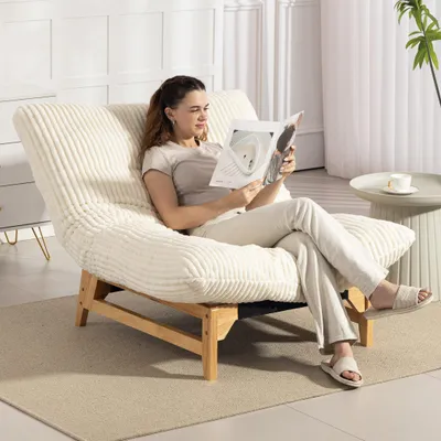 Produktbild von KLAM HOME Relaxsessel Loungesessel Sessel Weißer Kordelstoff Akzent-Sessel mit Rückenlehne Ergonomisch Einzelsessel für Wohnzimmer Schlafzimmer