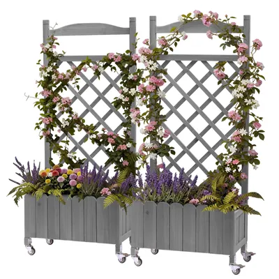 Produktbild von 2 x Rankgitter Pflanzkasten mit Rollen, Holz Hochbeet mit Spalier, wetterbeständiger Pflanzenkübel mit Drainagelöchern, mobiler Blumenkasten 2stk.