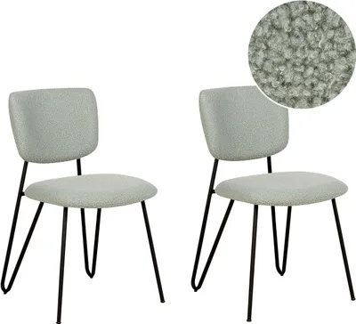 Produktbild von BELIANI Esszimmerstühle 2er Set in Hellgrün Bouclé Stoff Polsterung Schwarze Metallbeine Armlose Gebogene Rückenlehne Modernes Design