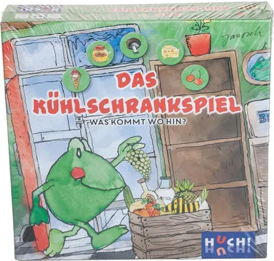 The image shows the front of a board game box, featuring a cartoon frog and various food items.